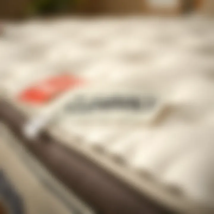 Close-up of mattress label indicating clearance sale