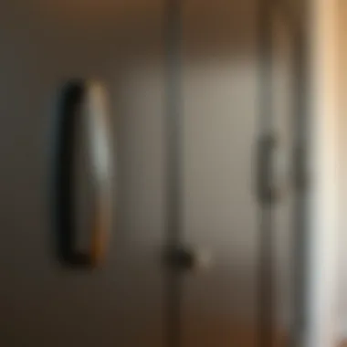 Close-up view of metal cabinet doors with unique handle design