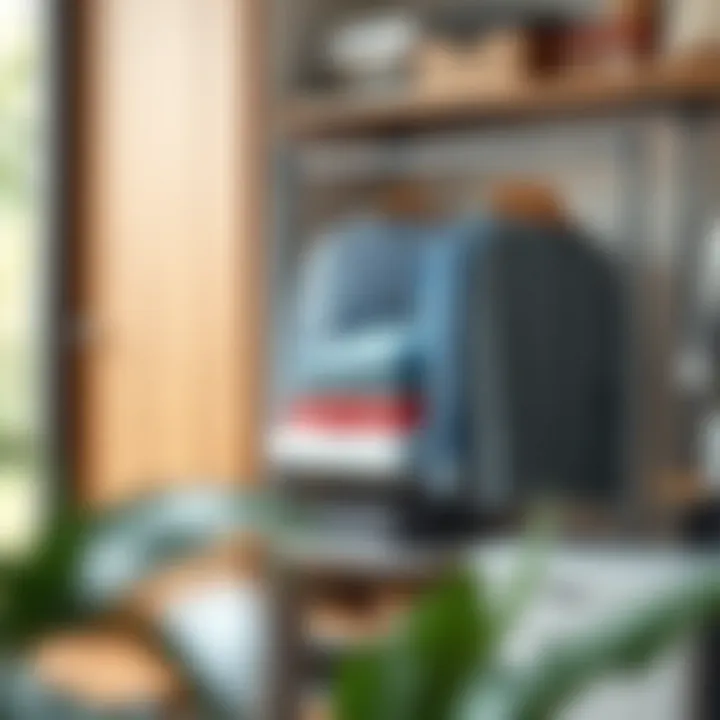 Organized space with metal folding clothes rack and folded garments