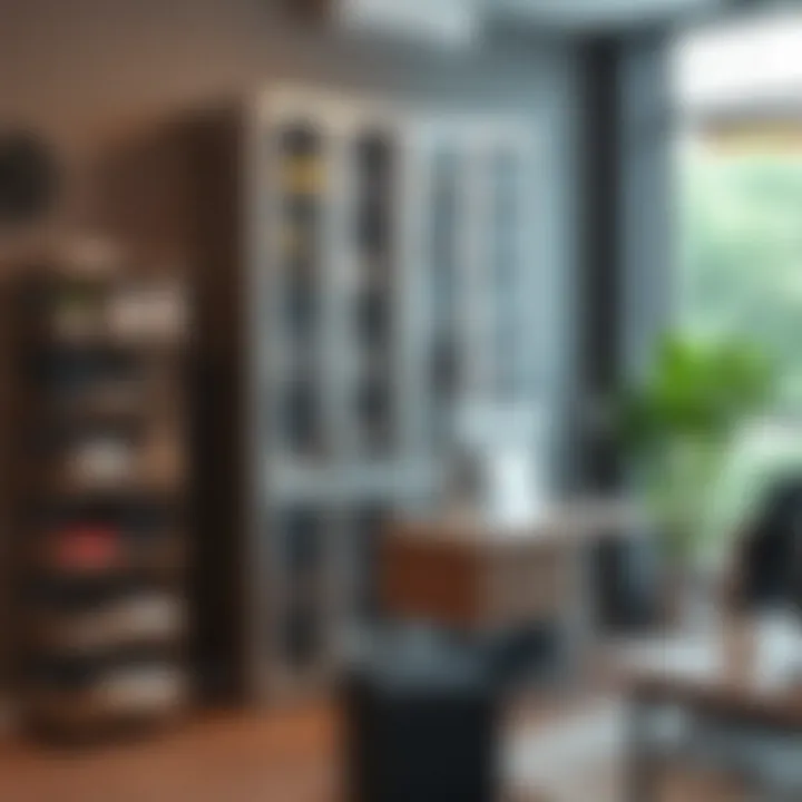 Metal shelving cabinet integrated into a modern office space