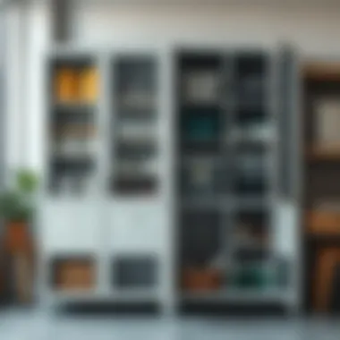 Metal shelving cabinet with various storage items organized inside