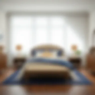 Stylish bedroom featuring navy and white sheer curtains