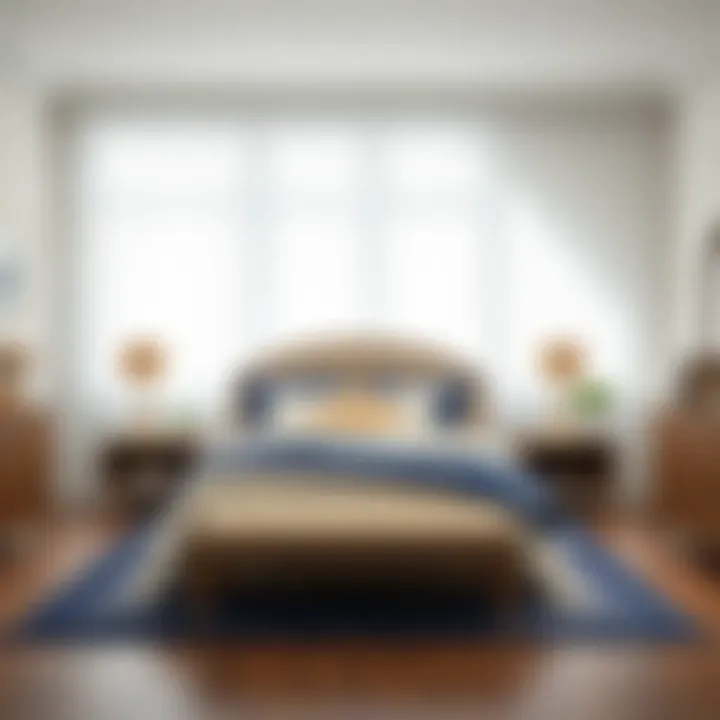 Stylish bedroom featuring navy and white sheer curtains