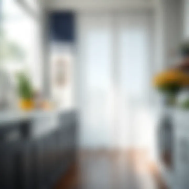 Navy and white sheer curtains in a bright kitchen setting