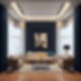 Elegant living room adorned with navy and white sheer curtains