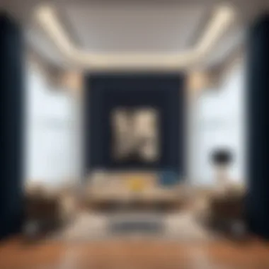 Elegant living room adorned with navy and white sheer curtains