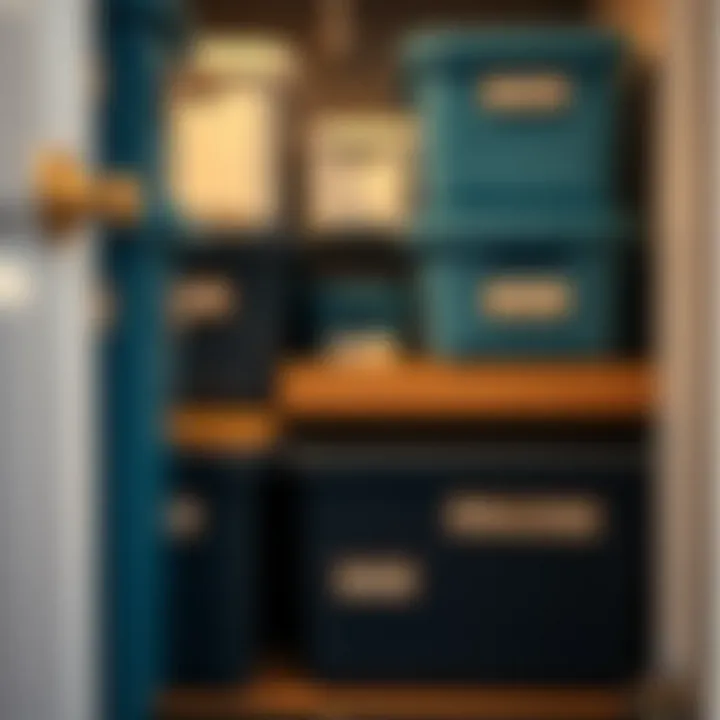 Close-up of neatly arranged storage bins labeled for easy access in a closet.