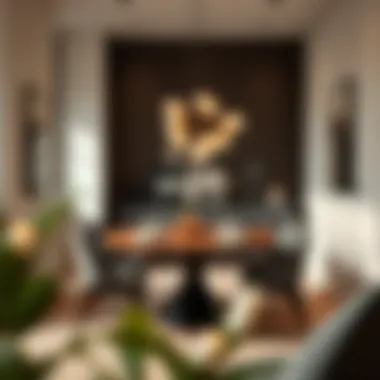 Compact dining area featuring a stylish table for eight with decorative elements