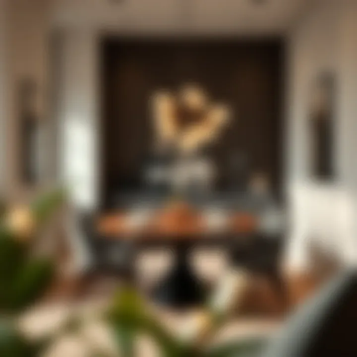 Compact dining area featuring a stylish table for eight with decorative elements