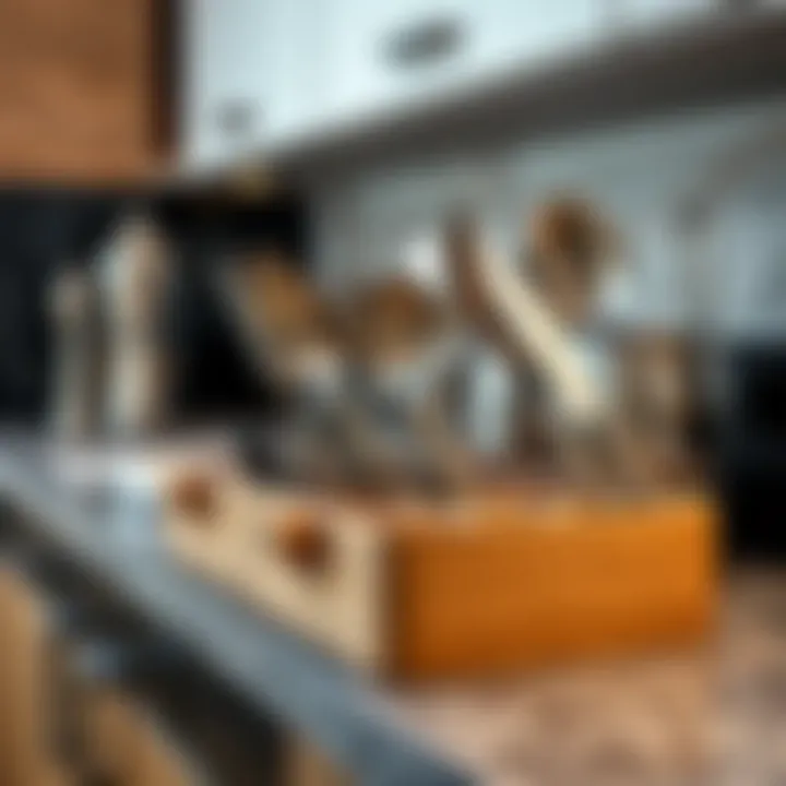 Close-up of a stylish cutlery organizer enhancing kitchen aesthetics