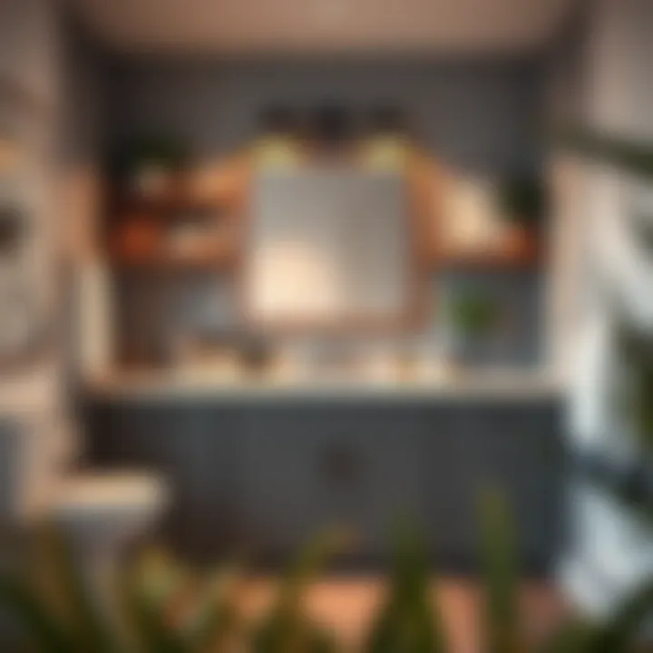 Organized bathroom vanity featuring shelves and decor