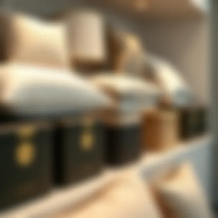 Organized display of different pillow storage containers on a shelf