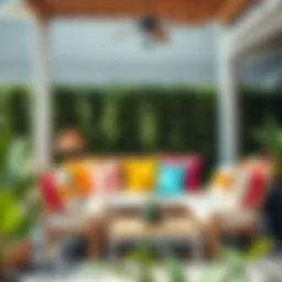 Elegant outdoor seating arrangement with vibrant cushions