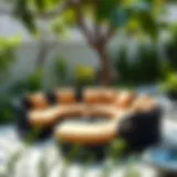 A beautifully designed patio circle couch surrounded by greenery