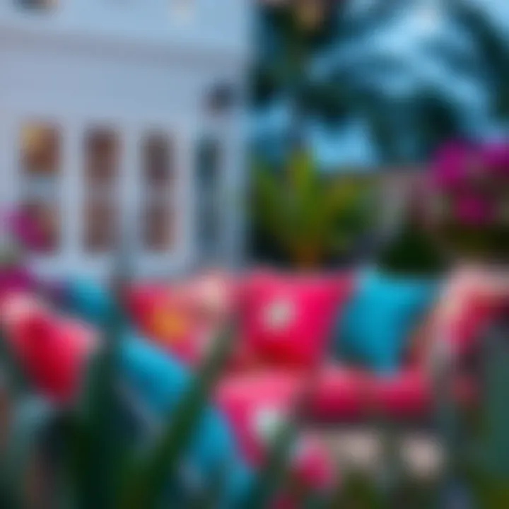 Stylish outdoor love seat adorned with vibrant patio cushions