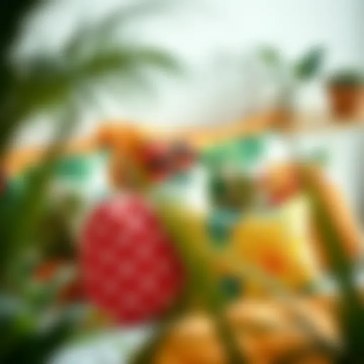 Lush tropical-inspired pillows on a bed