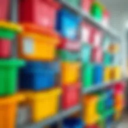 An array of colorful plastic storage bins arranged neatly on a shelf.