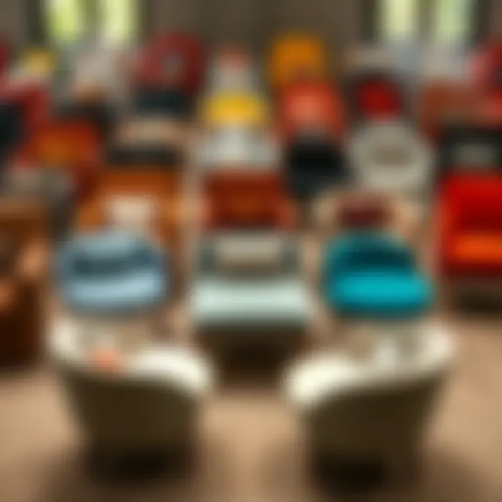 An array of single cushion chairs in different styles and colors