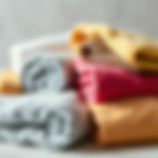 A selection of small lightweight bath towels in various colors and textures arranged aesthetically.