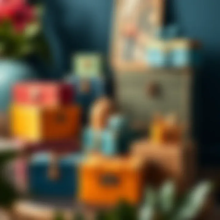 Colorful decorative photo storage boxes arranged aesthetically