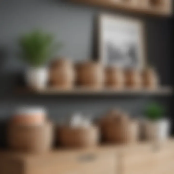 A collection of various natural baskets with lids displayed on a stylish shelf