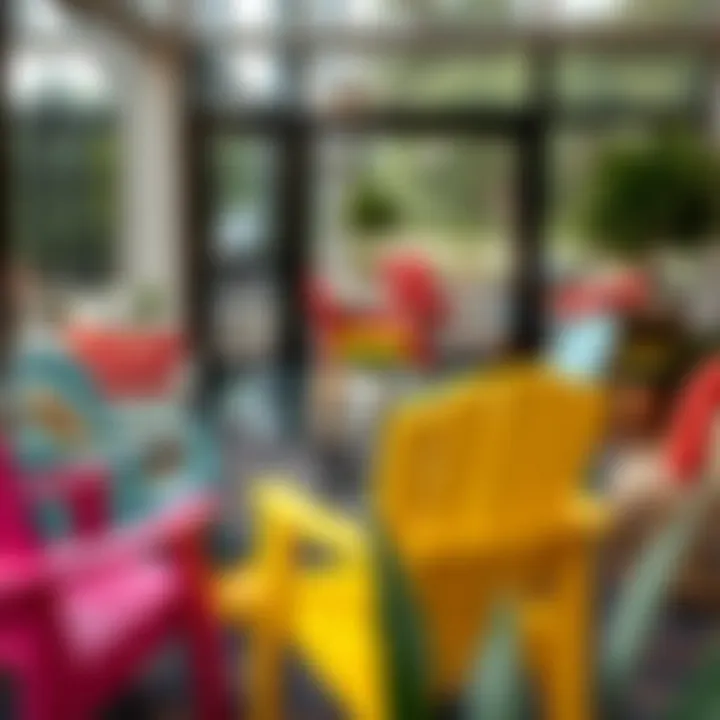 Colorful outdoor sunroom chairs arranged around a glass table