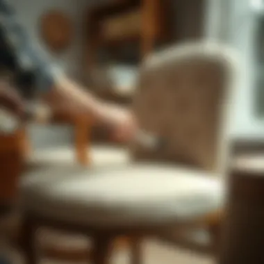 Finishing Touches on Upholstered Chairs Final touches on a newly upholstered wooden chair
