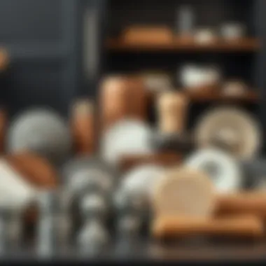 A variety of materials for kitchen hardware displayed together