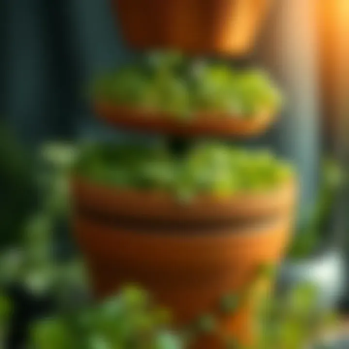 Healthy microgreens harvested from a terracotta tower