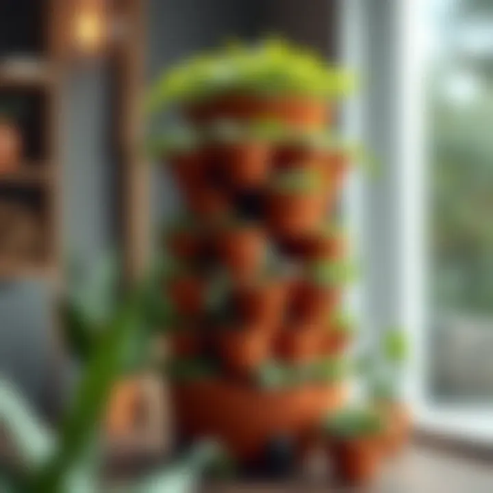 Elegant terracotta microgreens tower showcasing lush growth