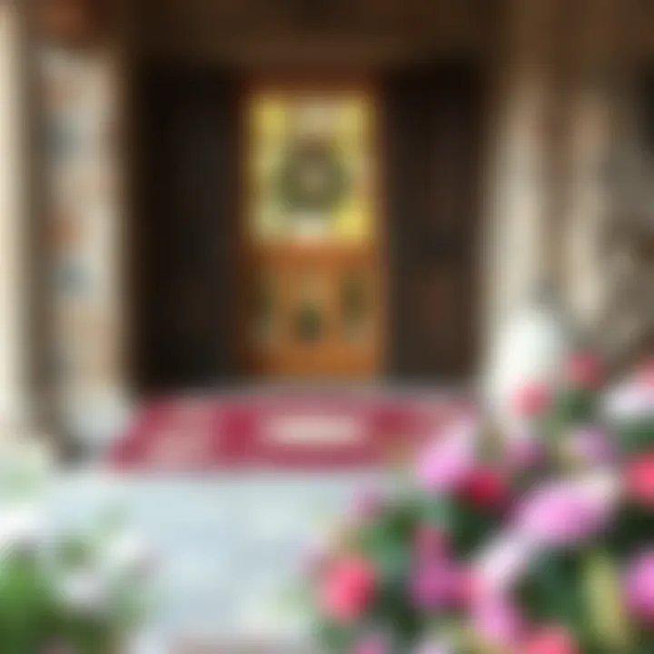 Elegant floral welcome mat enhancing a rustic entrance