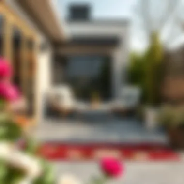 Floral welcome mat complementing a modern outdoor space