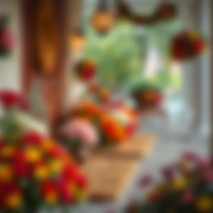 Seasonal display of floral welcome mats for different times of the year