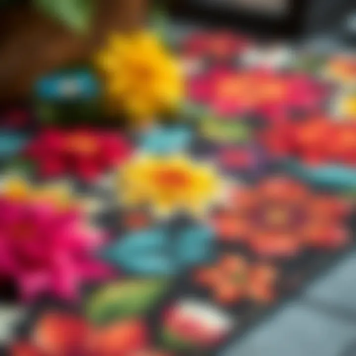 Close-up of vibrant floral patterns on a welcome mat