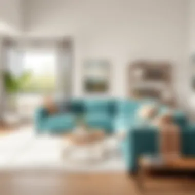 Elegant aqua colored couch in a modern living room