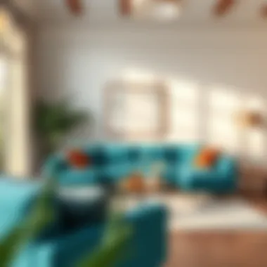 Living room showcasing aqua couch with natural lighting