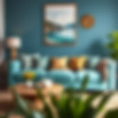 Stylish aqua couch paired with complementary decor