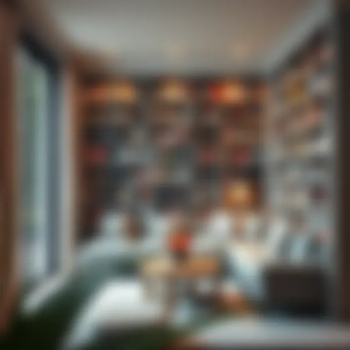 Cozy reading nook with a wall-to-wall bookshelf and comfortable seating.