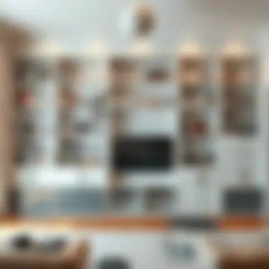 Customizable wall-to-wall bookshelf design featuring unique shelving options.