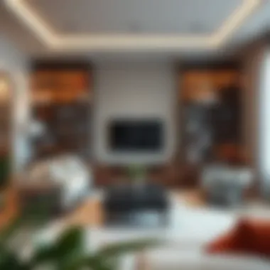 Modern wall-to-wall bookshelf integrated into a stylish living room interior.