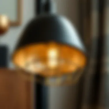Close-up of the intricate design details of a black and gold floor lamp