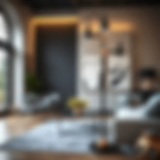 Elegant black and gold industrial floor lamp in a modern living room setting