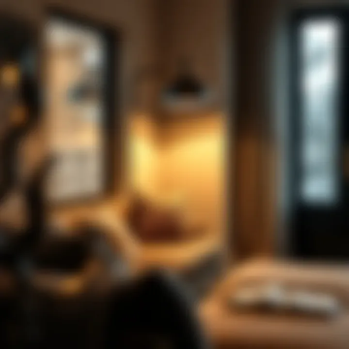 Stylish black and gold industrial floor lamp illuminating a cozy reading nook