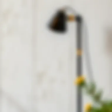 Black and gold industrial floor lamp against a textured wall background