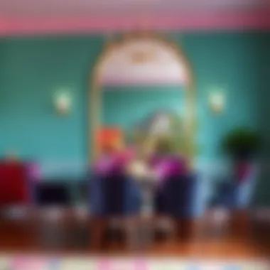 Statement Floor Mirror in a Vibrant Dining Space An oversized floor mirror as a statement piece in a vibrant dining area