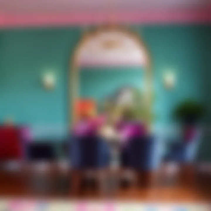 Statement Floor Mirror in a Vibrant Dining Space An oversized floor mirror as a statement piece in a vibrant dining area