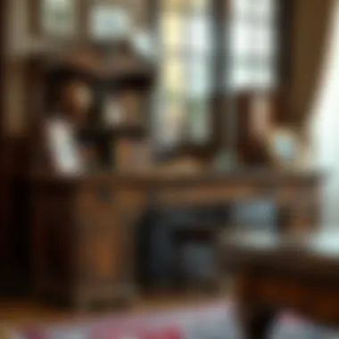 Antique Wood Desk with Historical Significance An antique desk made of rich wood, showcasing craftsmanship and historical significance