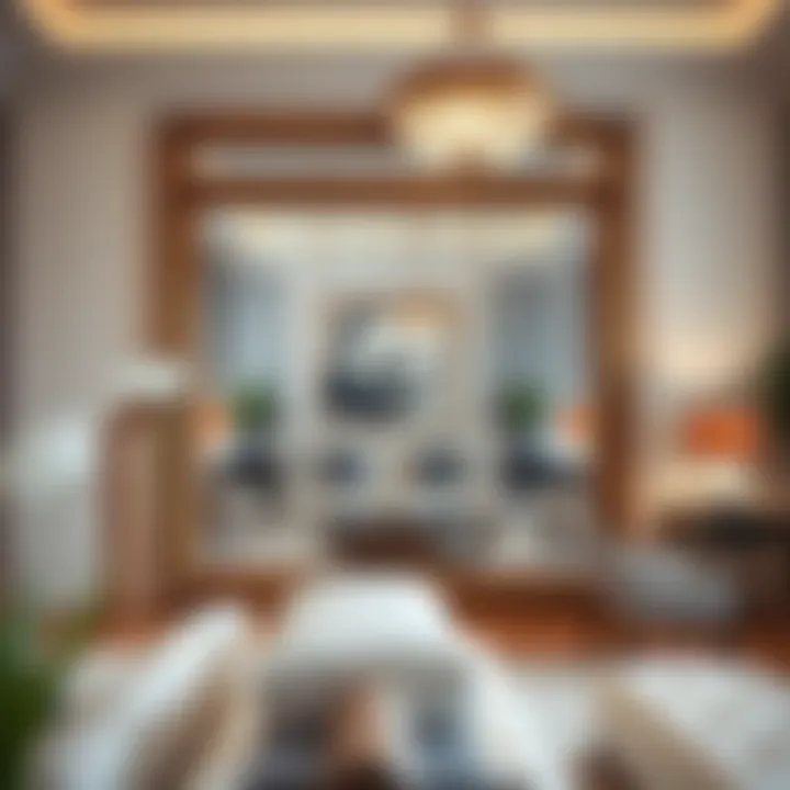 Elegant giant mirror reflecting a stylish living room