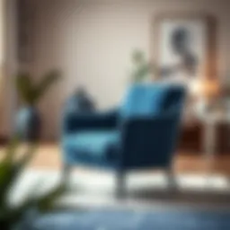 A stylish blue fabric chair in a contemporary living room setting.