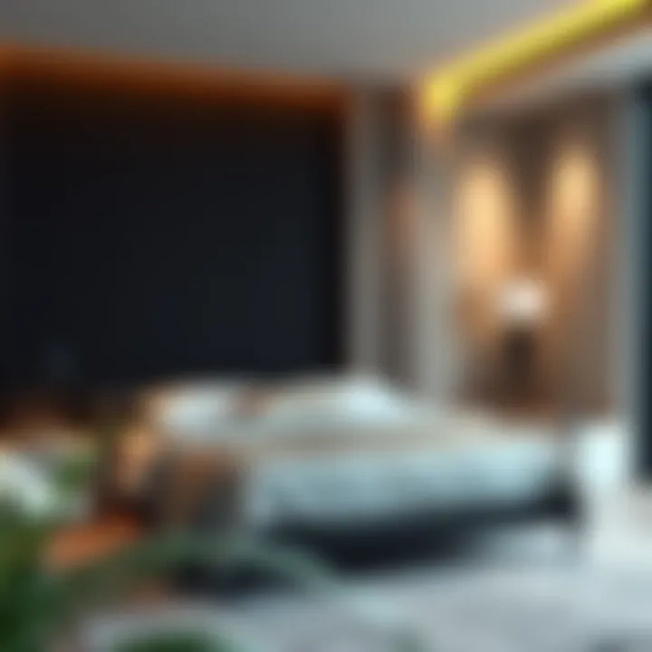 Stylish queen bed with metal slats in a modern bedroom